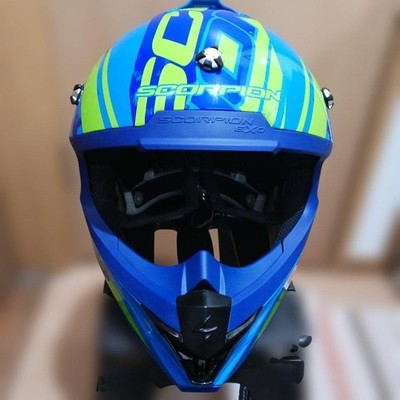 Scorpion EXO Full Face Helmet Blue/Green Stripe Size L Used