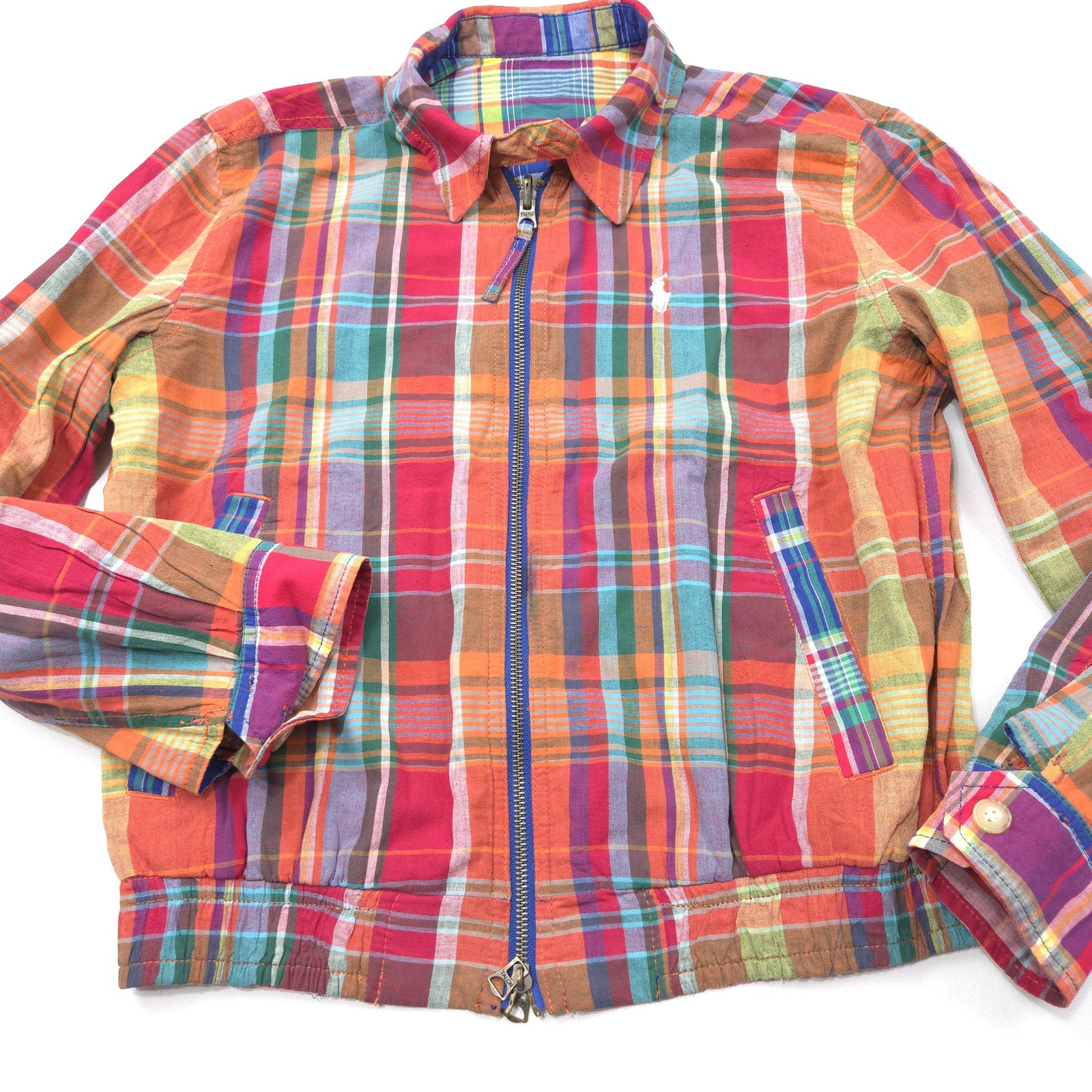 Polo Ralph Lauren giacca zip donna XS ROSSO BLU VERDE Madras reversibile PONY