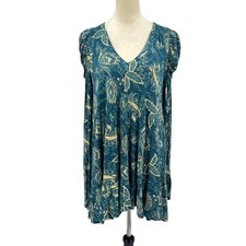 Free People XS Hello Lover Teal & Cream Print Long Puff Sleeve Mini Tunic Dress