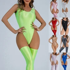 Women's Backless Leotard Swimsuit with High Cut and Glossy Finish – Sleek Black