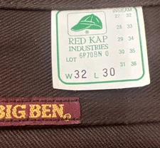NWT Vintage Big Ben Work Pants   Dark Brown 31x30 Red Kap Industries