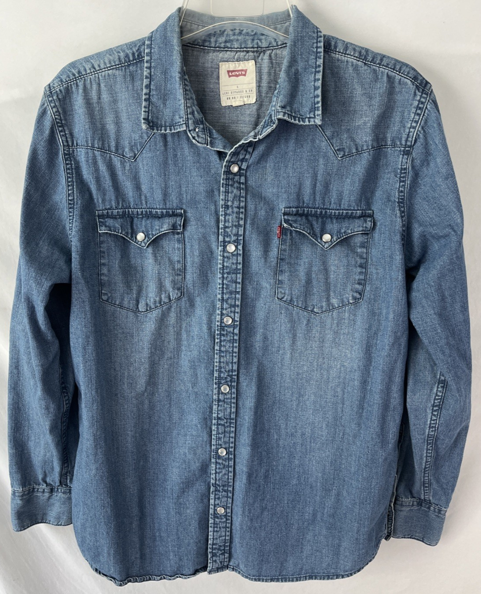 のの Levis Denim Pearl Snap Long Sleeve Shirt Mens Medium Western