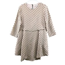 Madewell Silk Dress XS 3/4 Sleeve Mini A Line Beige Black Polka Dot  Asymmetric