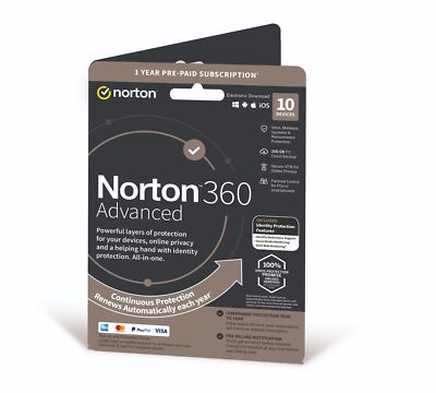 Norton 360 Advanced Antivirus 2026 10 Geräte 1 Jahr PC Mac iOS Lieferung per Post