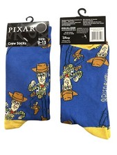 Pixar WOODY Men's Size 9-13 Crew Socks Blue Yellow Brown White Comic Inspired