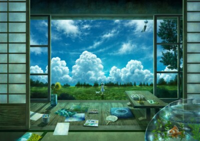 Anime landscape room goldfish girls interior sky clouds CCG Gaming Mat Desk