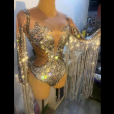 Sparkling Silver Rhinestone Sequin Tassel Party Bodysuit Bodycon Stage Jumpsuit