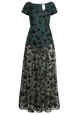 S VINTAGE IRISH GREEN FLOCKED BLACK VELVET MESH LUCKY CLOVER MAXI JUMPSUIT DRESS