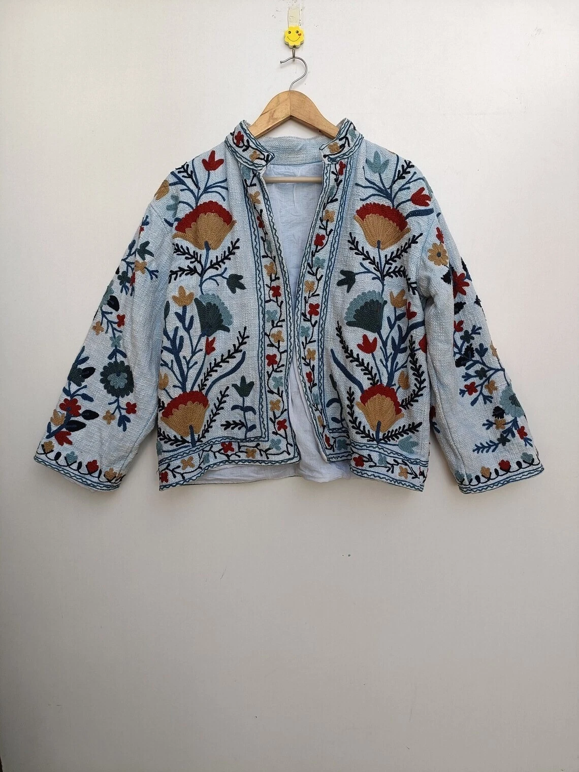 Indian Sky Blue Cotton Floral Suzani Printed Jacket Women's Clothing Jackets US