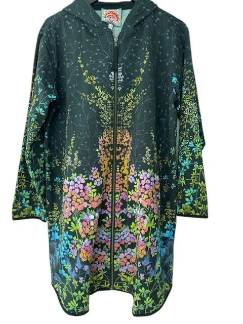 Johnny Was Magic Garden Long Hoodie Knit Coat Cotton Floral Zip Jacket Black NEW
