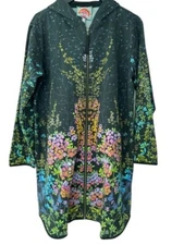 Johnny Was Magic Garden Long Hoodie Knit Coat Cotton Floral Zip Jacket Black NEW