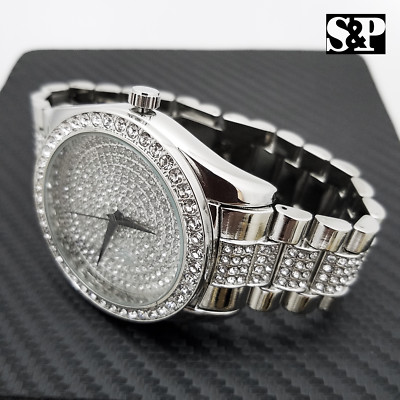 Men Silver Tone Iced Bust Down Bling Hip Hop Lab Simulated Diamonds Metal Watch