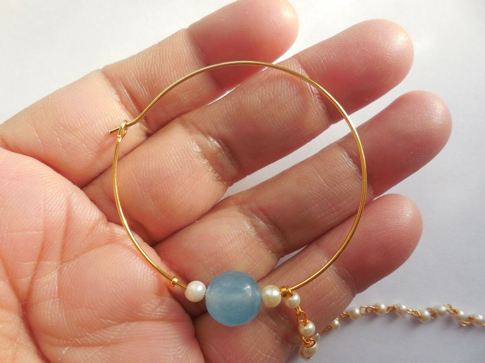 Blue Bead Indian Bridal Nose Ring Chain Gold Plated Hoop Nath Piercing