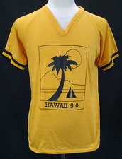 VTG 70's/80's ''Hawaii 90' Surfing 50/50 Yellow V-Neck T-Shirt Made in USA Sz L