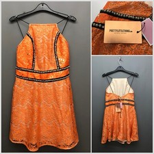 NEW PRETTYLITTLETHING Premium Orange High Neck Laced Skater Dress UK 10 EUR 38