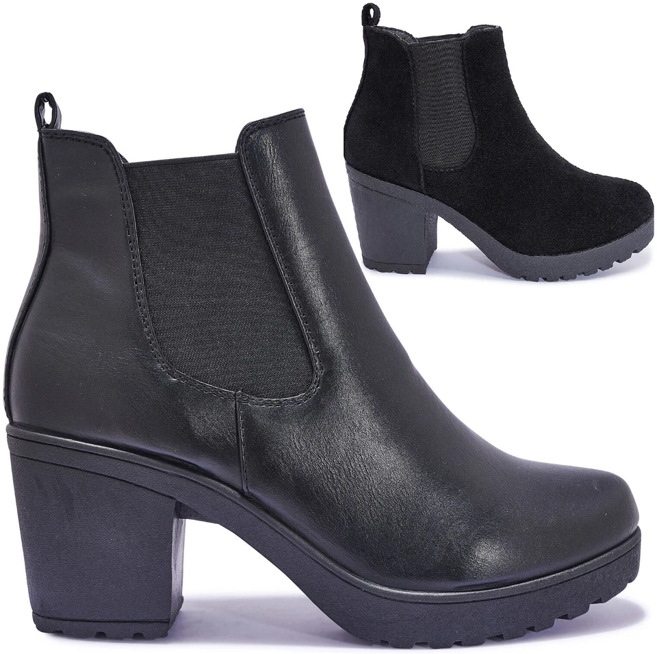 LADIES WOMENS CHUNKY BLOCK PLATFORM HEEL ANKLE CHELSEA WINTER SHOES BOOTS SIZE