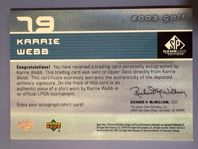 2003 Karrie Webb UD SP Signature First Tee Shirt/Auto - 0993/1000 - Image 2 of 2