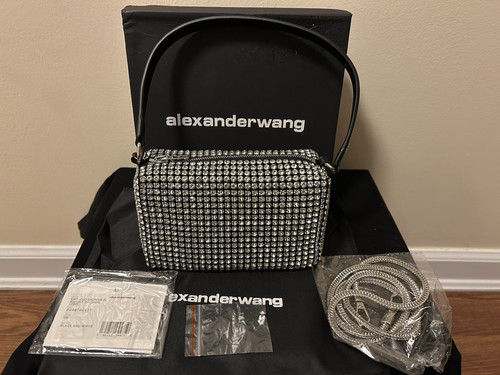 ALEXANDER WANG Mesh Crystal Rhinestone Mini Heiress Pouch Black Silver NWT