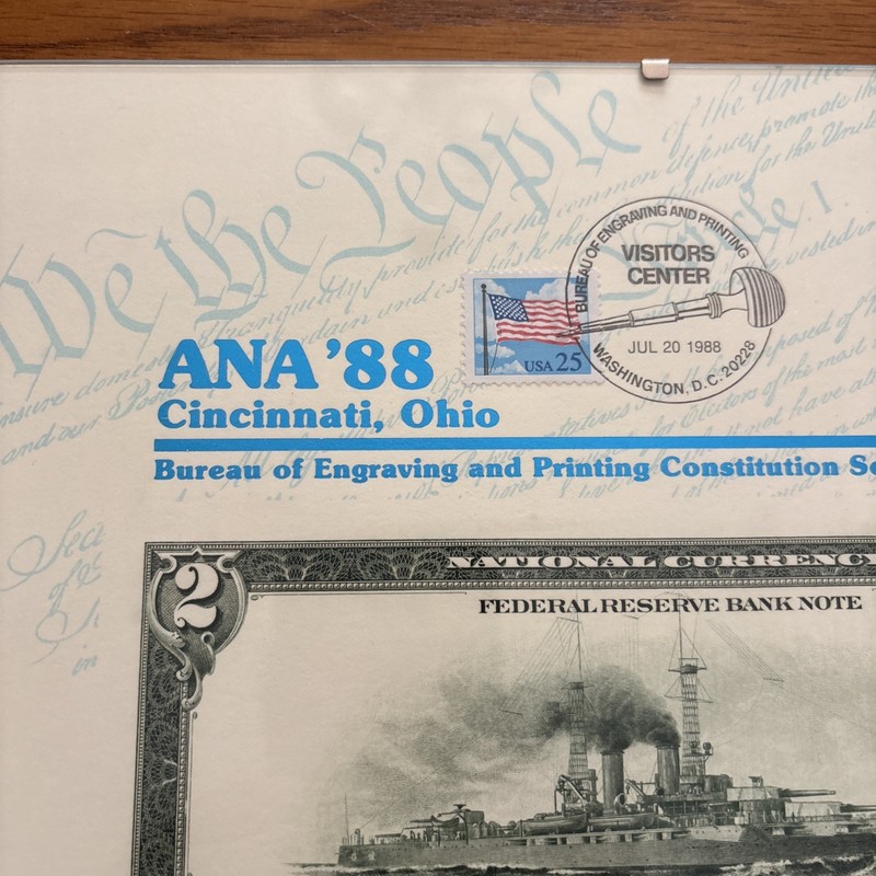 BEP Souvenir Card From 1988 ANA  Back FRBN "Battleship Note"  B 116  EXC Cond