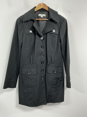 Womans New York & Co Button Up Knee Length Rain Coat XL Black Lined Excellent 