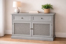 “Grey Sideboard Cabinet Cane Front 2 Door/ Drawer Storage Unit Modern Rustic MDF