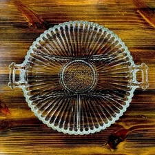 Vintage Jeanette Clear Glass Round two Handle Ribbed Relish Tray elegant serving