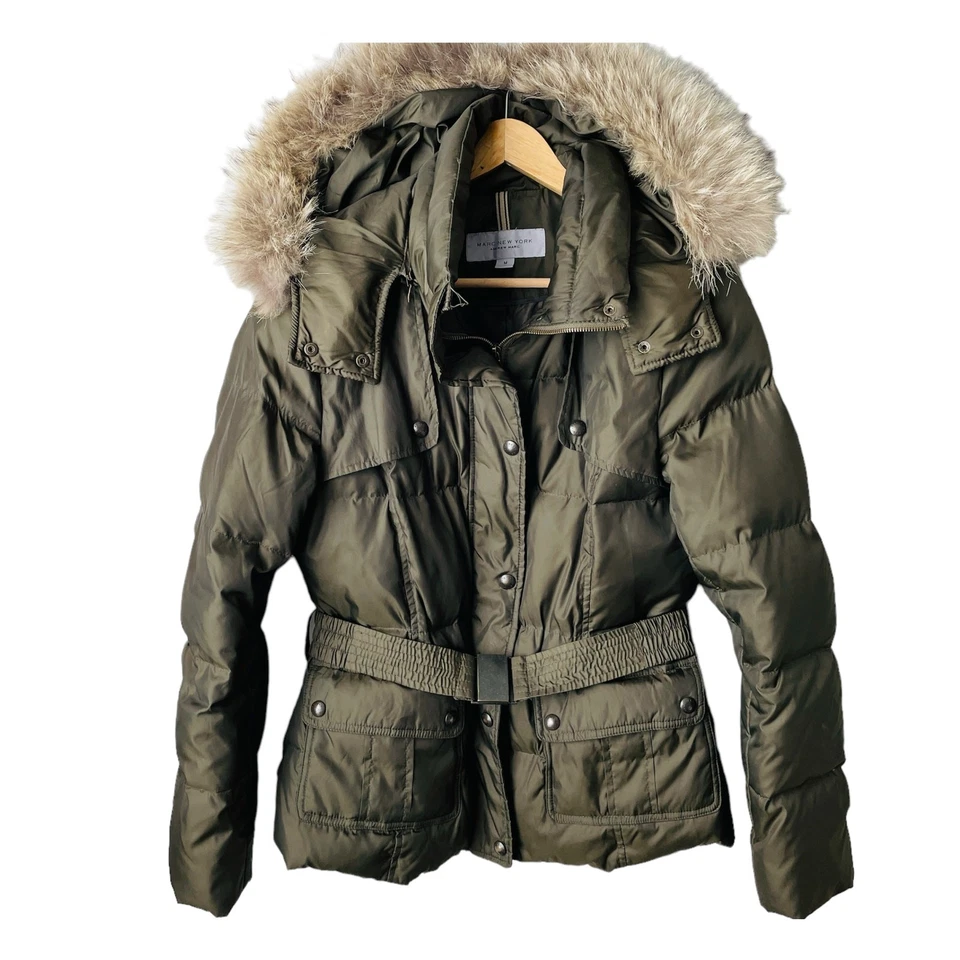 Abrigo acolchado Marc New York verde oliva con ribete de piel real - Talla M Foto 3 de 4