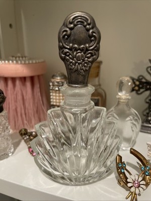 Estate Find Vintage Vanity Crystal Perfume Bottle With Silver Plate Stopper