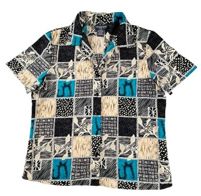 Notations Womens Blouse Quilted Squares Top Blue Black Tan size PM 8-10  JH1305