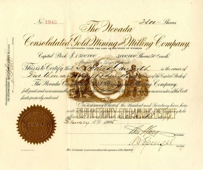 Nevada Consolidated Gold Mining and Milling Co. - Stock Certificate - Mining S