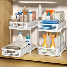 2 Pack Pull Out Bathroom Organizers and Storage 2 Tier Stackable Under Sink