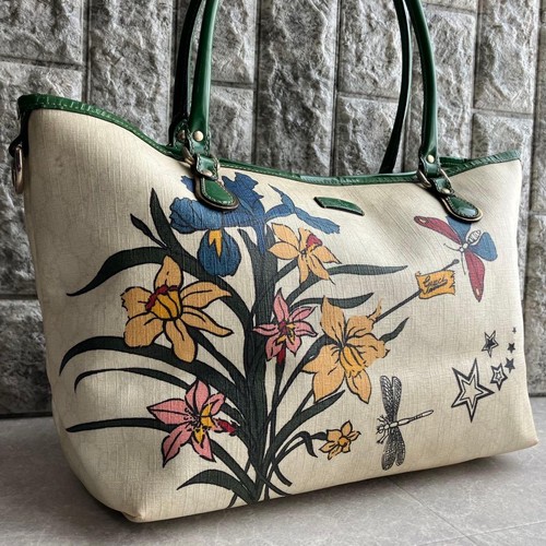 GUCCI Floral Tote Hand Bag Magnetic Leather PVC White Green Silver Hardware