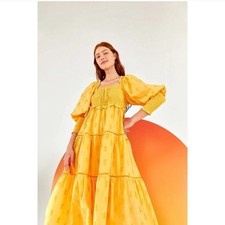 NWT Farm Rio Yellow 3D Pineapple Midi Dress Tiered Long Sleeve Womens