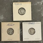 1939 D, 1942 P, 1945 S MERCURY DIMES, CIRCULATED, UNGRADED
