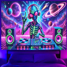 Blacklight DJ Aliens UV Reactive Wall Tapestry 78x59 Neon Glow Room Party Decor 