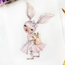 Original Watercolor Sweet Pupil Rabbit 11x15 Painting Unique Artwork Wall Art