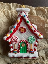 Glass Candy Cane Gingerbread House Cottage Christmas Ornament