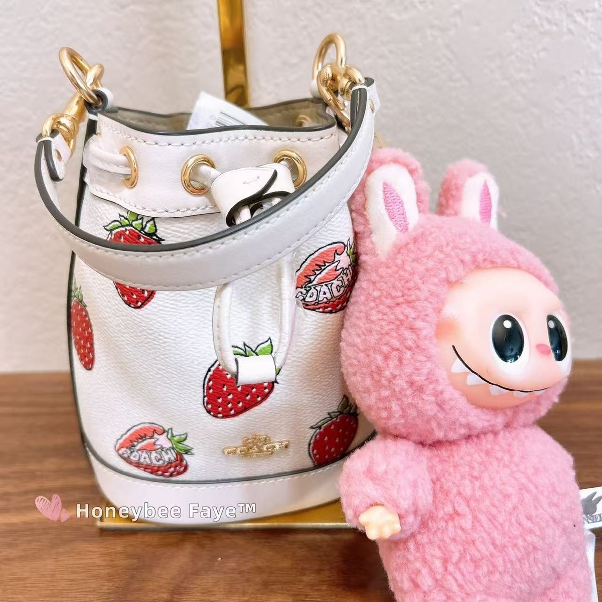 NWT Coach Mini Bucket Bag Strawberry Print with crossbody strap