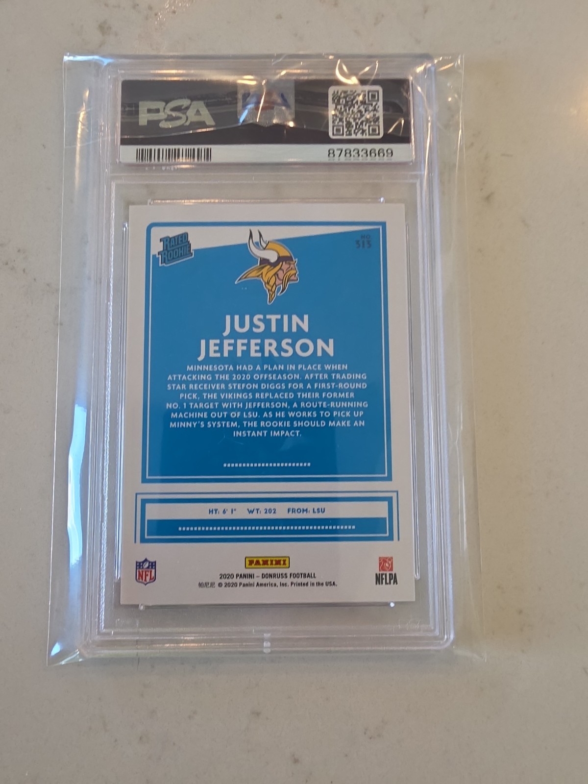 2020 Justin Jefferson Donruss Rated Rookie Base PSA 10 view 2