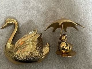 Brass Swan And Duck With Umbrella Great Condition 6” And 4 1/2” Respectively