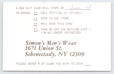 c1970 Simons Mens Wear Schenectady NY Suit Club Membership Postal Card