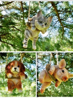 HÄNGEND AN EINEM SEIL HUND KATZE SCHWEIN LEBENDIGE KUNST GARTEN BAUMSCHMUCK FIGUR DEKORATION 