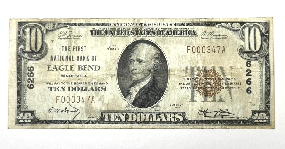 1929 $10 EAGLE BEND, MINNESOTA National Currency - Hard Find Note! Free Ship! - Image 2 of 3
