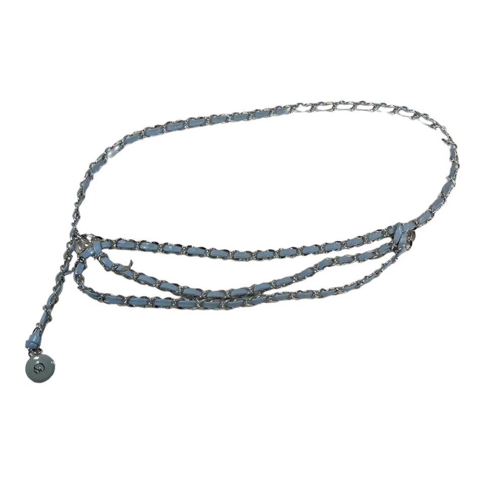 Vintage St John Enamel Baby Blue Leather 39" Chain Belt Triple Strand Logo Charm - Image 4 of 4