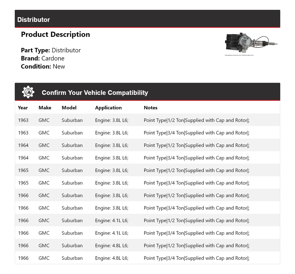 Para GMC Suburban 1963-1966 distribuidor Cardone 1964 1965 Foto 2 de 4