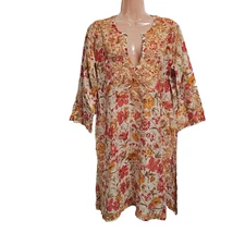 Raj  Floral Embroidered Top Tunic Women Size 44 3/4 Sleeves Side Slits