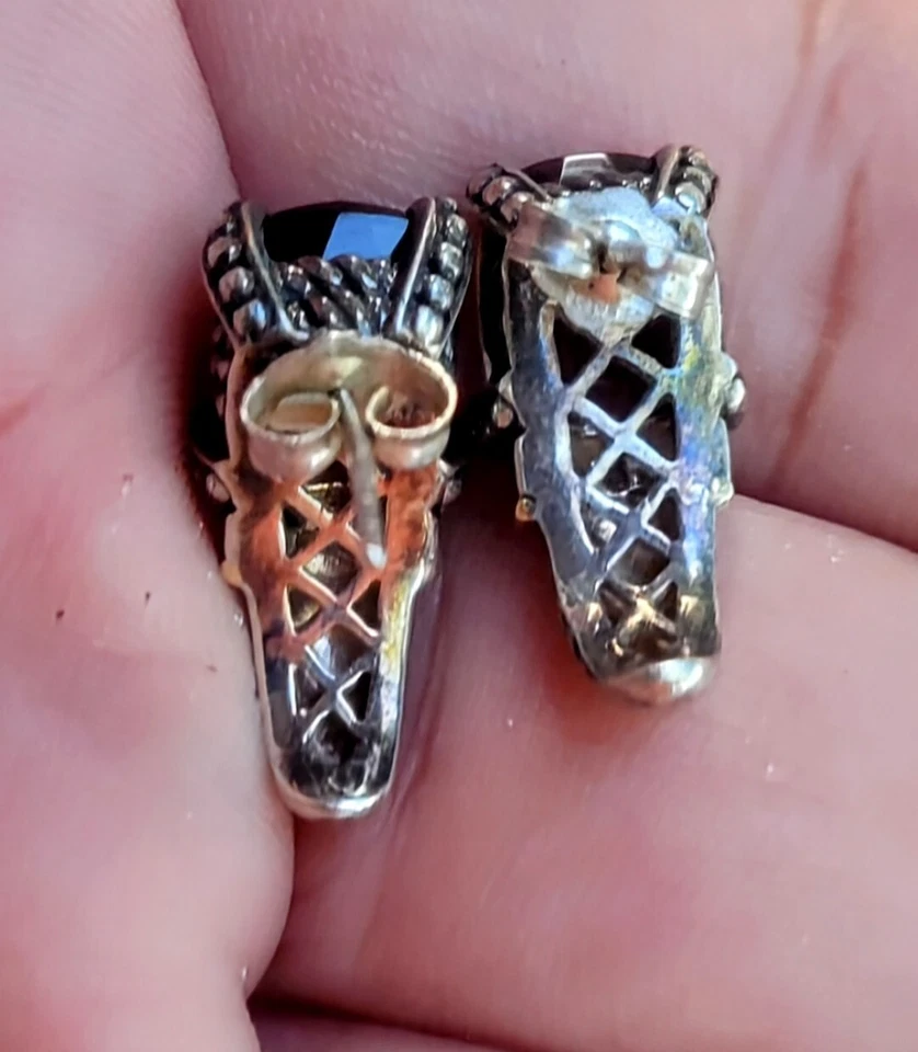 Винтажные серьги из желтого золота 14 карат и серебра 925 пробы с граненым дымчатым кварцем - Изображение 4 из 4