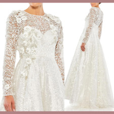 NEW$998 Mac Duggal [ 12 ] Floral Embellished Long Sleeve A-Line Gown White G1320
