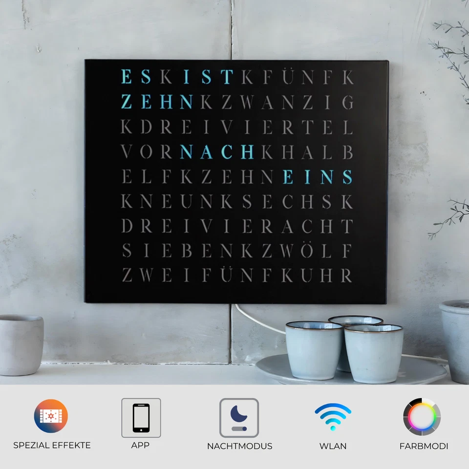 WordClock Jupiter Stahl in matt Schwarz - LED Wanduhr- elegante Designer Wortuhr - Bild 2 von 4