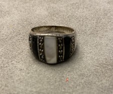 Sterling Silver 925 Marcasite Black Onyx Mother of Pearl Dome Thailand Size 7.5